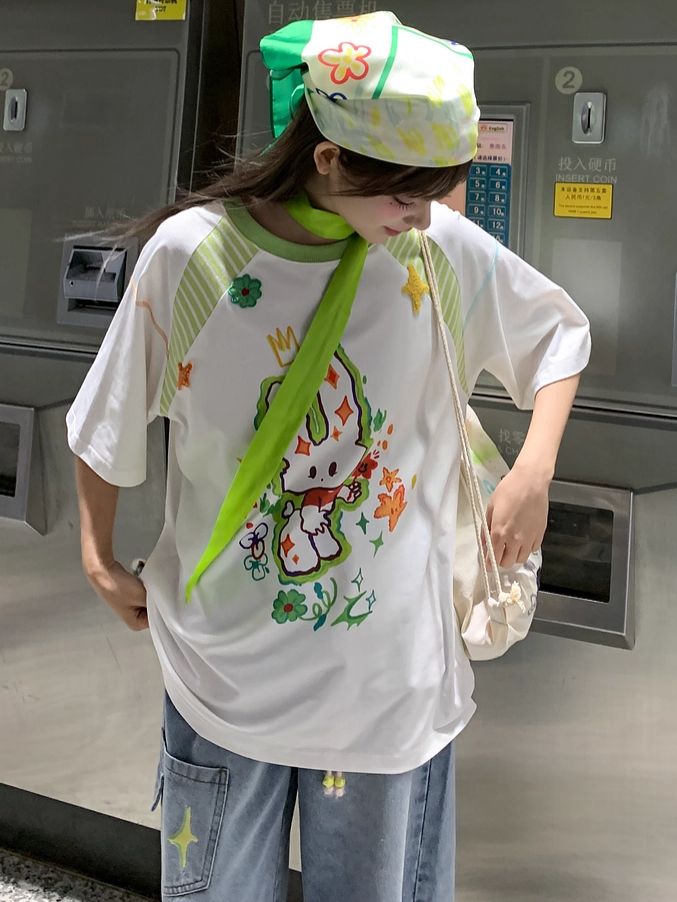 Cartoon Bunny Print White Round Neck Loose T-shirt