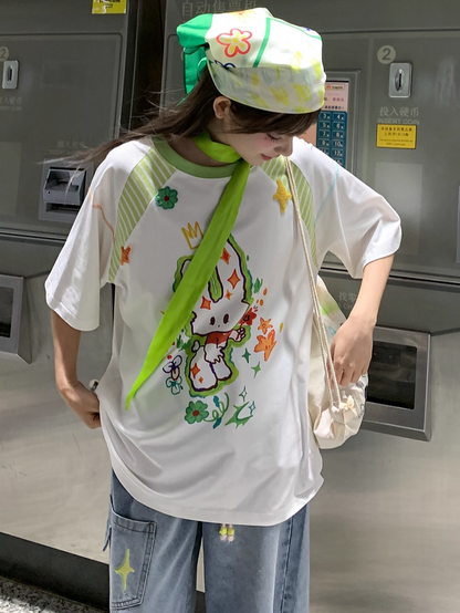 Cartoon Bunny Print White Round Neck Loose T-shirt