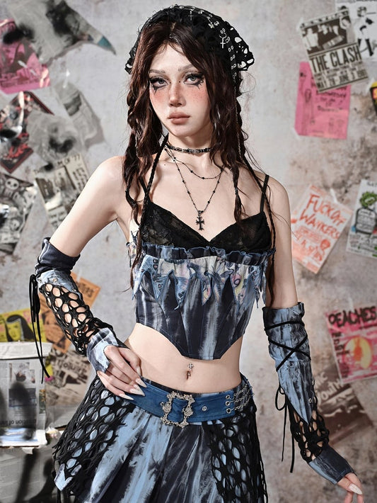 Grunge Punk Rock Fairy Style Blue Lace Cowl Neckline Boned Corset Tie Dye Cami Top