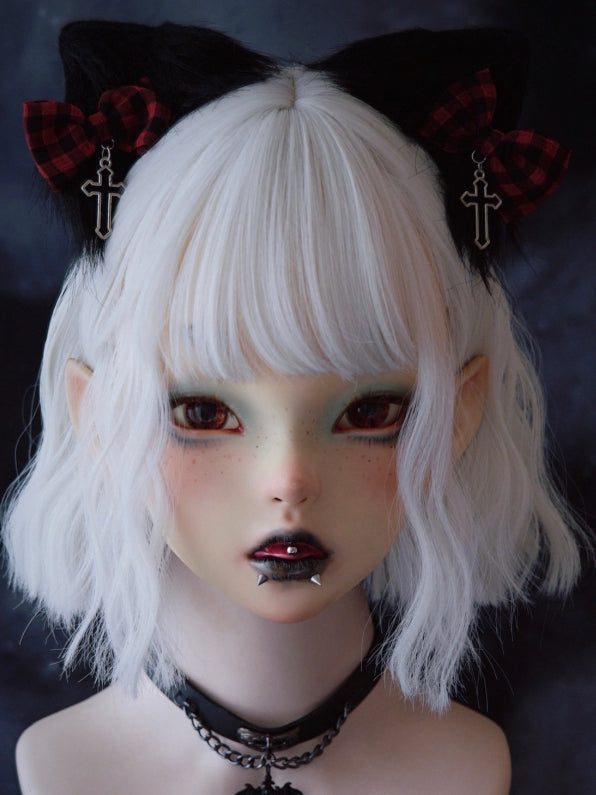 Black Cat Ear With Red Plaid Pattern Bowknot Clip