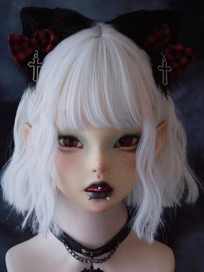 Black Cat Ear With Red Plaid Pattern Bowknot Clip