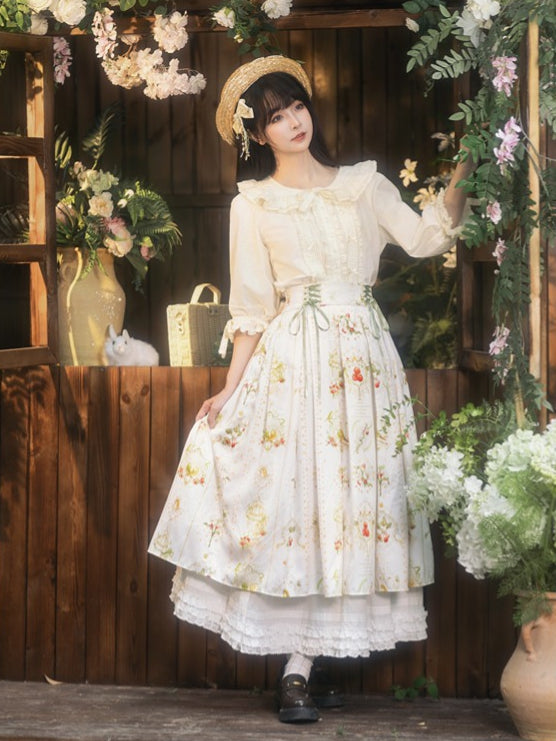 White Box Pleat Elegant Classic Lolita Skirt with Hawthorn and Bird Print and Green Lace-Up Waistband