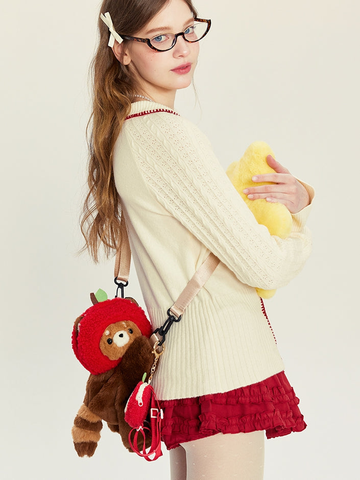 Cute Red Panda Brown 28/40 cm Plush Backpack/Crossbody Bag + Apple Hat + Red Panda/Apple Keychain