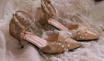 Gold Beaded Chain Pointed Toe Hime Lolita Middle Heels