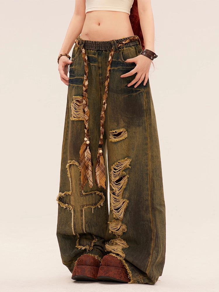Blue Low Rise Wasteland Punk Cross Applique Distressed Holes Vintage Wide-leg Jeans