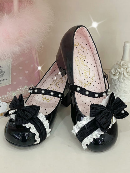 Black Beaded Decorated Bow at Top 2.5CM/5CM Block Heels Round Toe Shoes