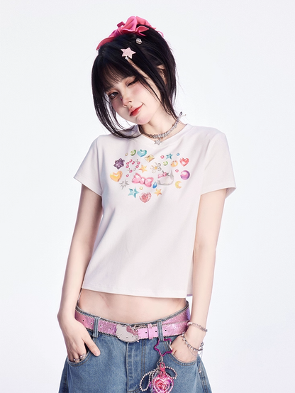 Adorable Print White Round Neck Slim Fit T-shirt