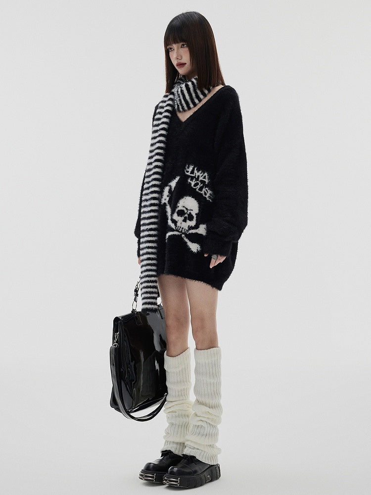 Black Punk Skeleton V-neck Oversized Sweater / Black and White Striped Scarf