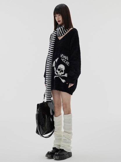 Black Punk Skeleton V-neck Oversized Sweater / Black and White Striped Scarf