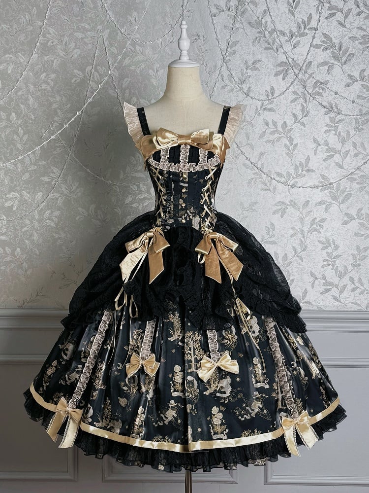 Black and Gold Corset Waist Drawstring Overlay Skirt Lolita Jumper Skirt