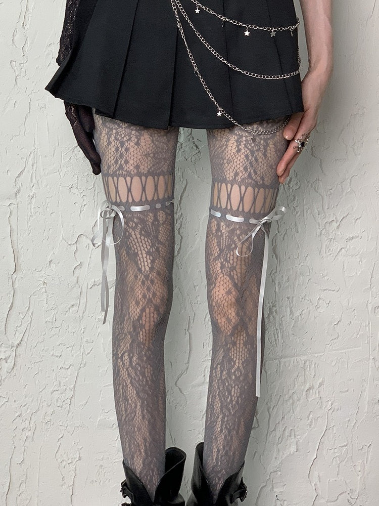 Coffee/Gray/Black/White/Purple/Blue Y2K Floral Pattern Self-tie Straps Cut-out Design Tights