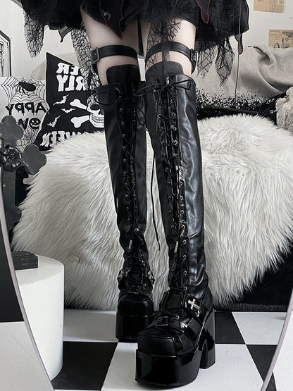 Matte Black Front Lace-up Ties Buckle Straps 12CM Heel Platform Thigh-high Boots