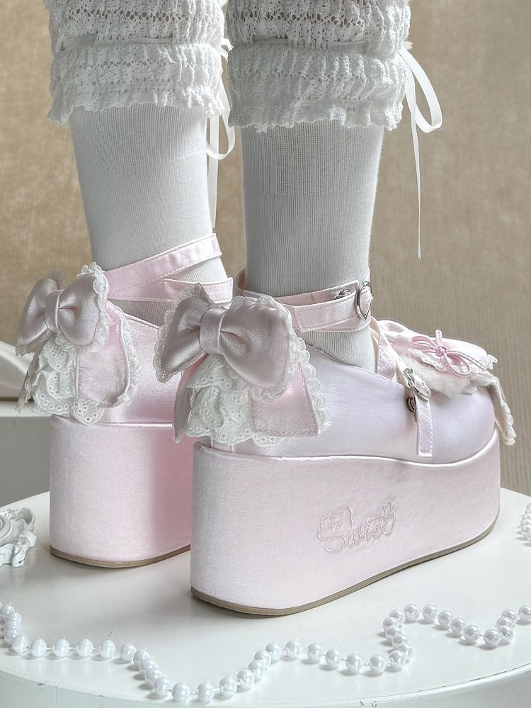 Platform Pink Mary Janes in Satin with Plush Teddy Ears, Bow Decor & Heart Buckles