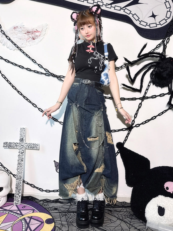 Faded Wash Blue Pins Decorated Punk Distressed Holes Y2K Denim Skirt