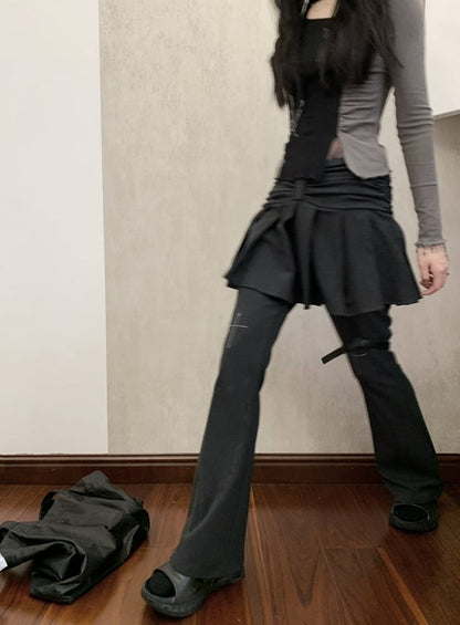 Dark Gray Flared Jeans Regular/Long Version with Pleated Skirt and Cross Motif