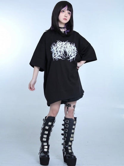 Black Jirai Kei Oversized Round Neck Top