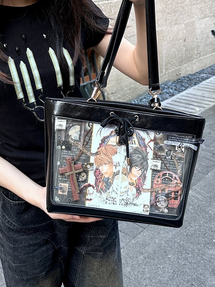 Black Bow Accents Lace-up Detail Ita Shoulder Bag with Free Charm