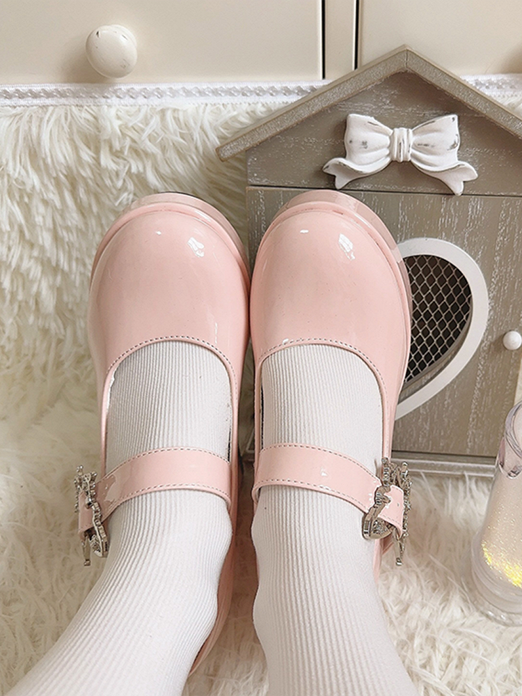 Polished Pink Butterfly Buckle 11cm Floral High Block Heel Platform Mary Janes