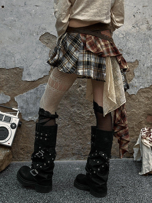 Waist Belt Design Red and Brown Punk Asymmetrical Plaid Skirt with Studs