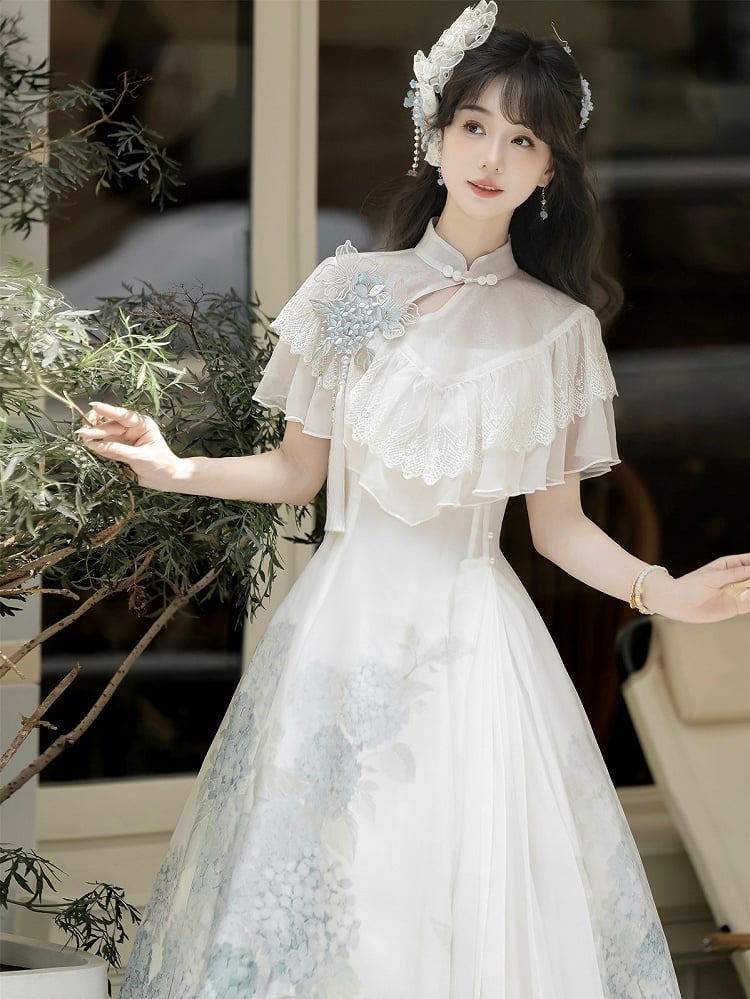 Short Version Hydrangea Print White Elegant Classic Lolita Dress with Lace Shawl