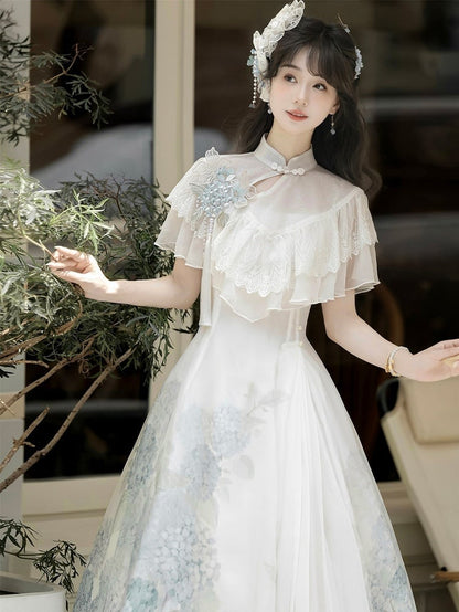 Short Version Hydrangea Print White Elegant Classic Lolita Dress with Lace Shawl