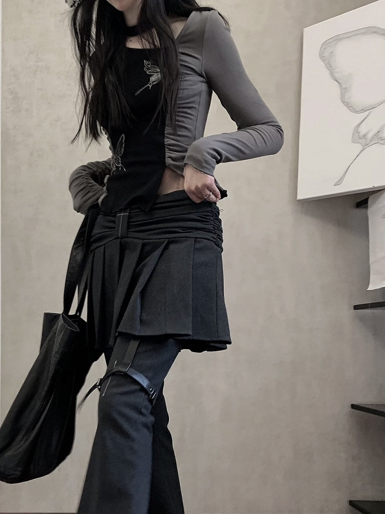 Dark Gray Flared Jeans Regular/Long Version with Pleated Skirt and Cross Motif
