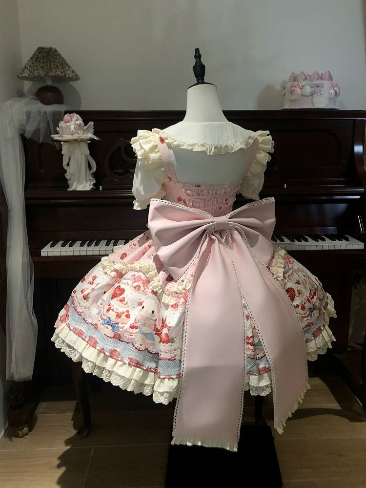 Cute Bunny and Strawberry Cake Print Pink Dress Sweet Lolita JSK / Full Set