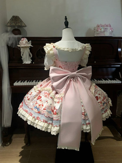 Cute Bunny and Strawberry Cake Print Pink Dress Sweet Lolita JSK / Full Set