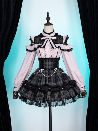 Open Shoulders and Illusion Neckline Jirai Kei Long Sleeves Pink Blouse