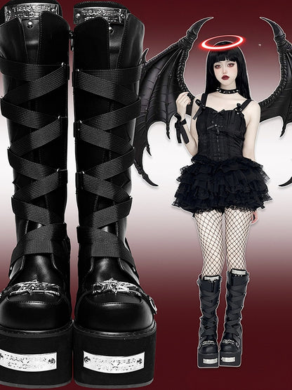 Black Crisscross Design Buckle Strap Platform Block Heel Boots
