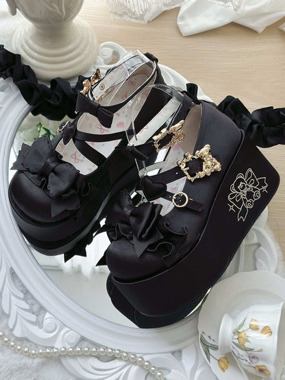 Black Bear Buckle Straps Bowknot Platform Shoes with Bear Embroidery