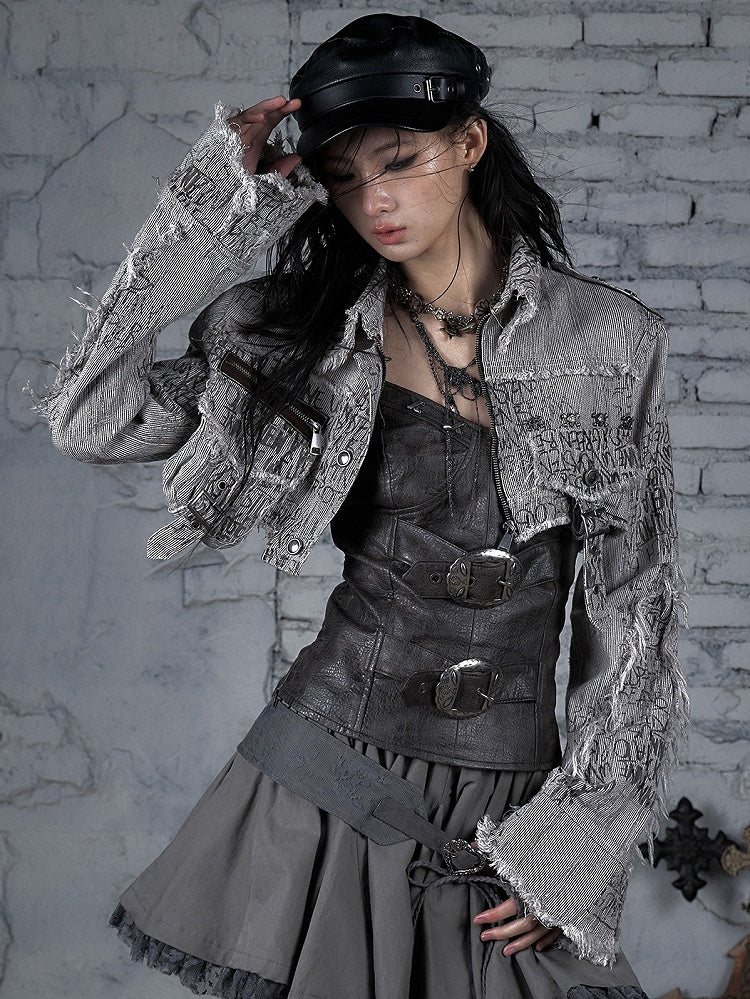 Brown Wasteland Punk Skeleton And Buckle Decorated Stripes Pattern Cropped Jacket