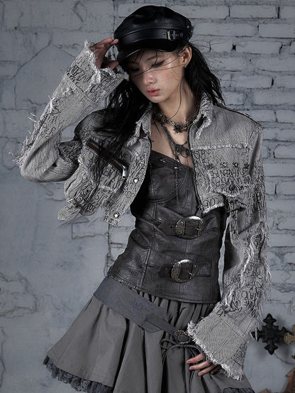 Brown Wasteland Punk Skeleton And Buckle Decorated Stripes Pattern Cropped Jacket