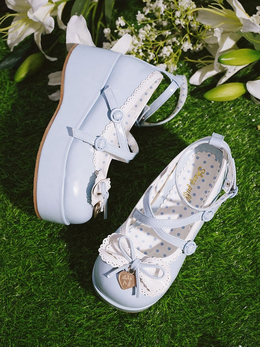 Buckle Ankle Strap Sweet Blue Knotted Bow Accent Platforms