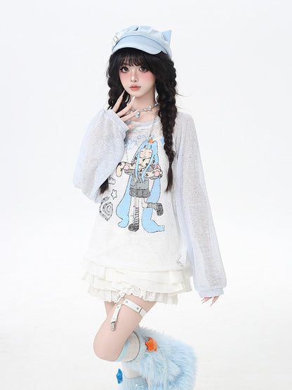 Cartoon Girl Print Black/Pink/Blue Colorblock Design Semi-sheer Coverup