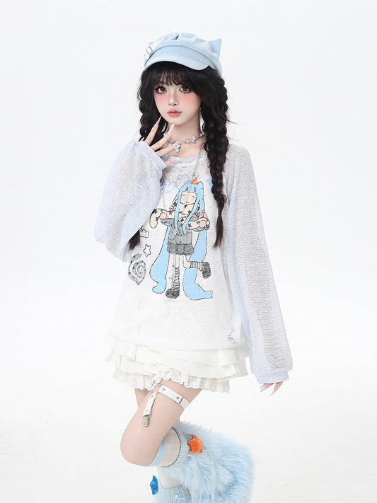 Cartoon Girl Print Black/Pink/Blue Colorblock Design Semi-sheer Coverup