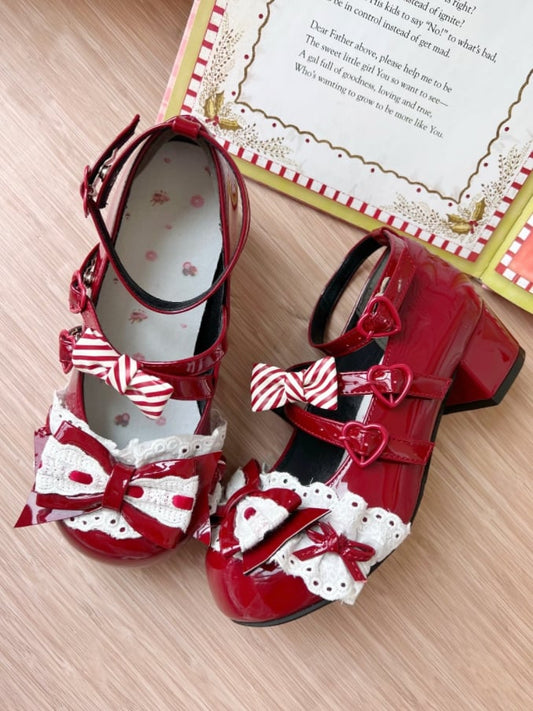 Crisscross Details, Decorative Heart & Discreet Snap Fastener PU Wine Red Mid-heel Shoes in Sweet Lolita
