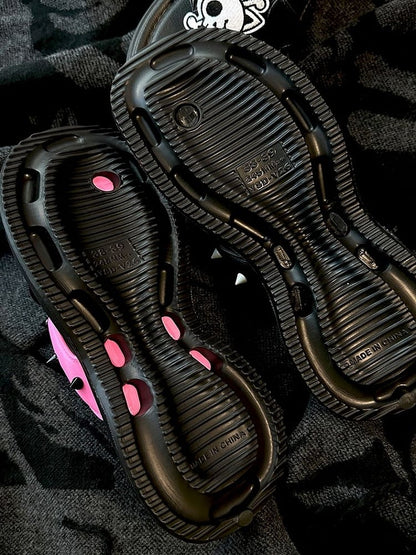 Clearance-Size 36-37 Black and Pink Bat Wings Skeleton Applique Flip-flops Gothic Summer Slippers