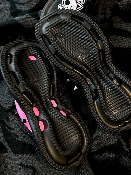 Clearance-Size 36-37 Black and Pink Bat Wings Skeleton Applique Flip-flops Gothic Summer Slippers