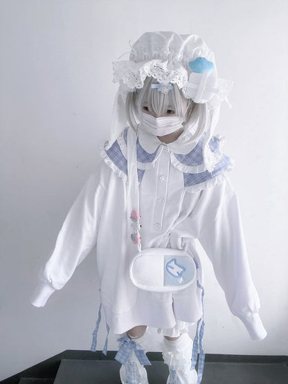 Kitty Embroidery Tenshi Kaiwai Bag Light Blue and White Yami Kawaii Crossbody