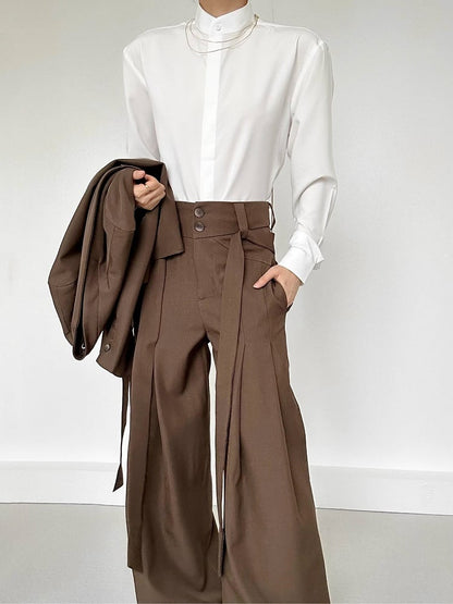 Ouji Lolita Coffee Wide-Leg Pants with Two-Button Fly & Side Ribbons