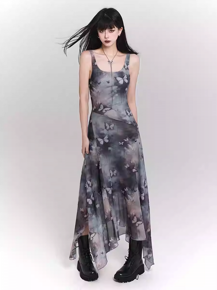 Blue & Purple Butterfly Print Asymmetrical Hem Sleeveless Dress