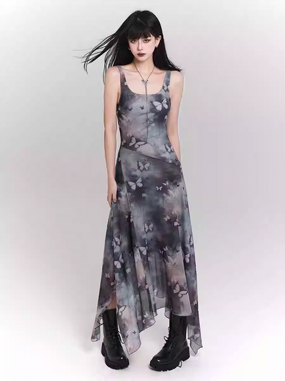 Blue & Purple Butterfly Print Asymmetrical Hem Sleeveless Dress