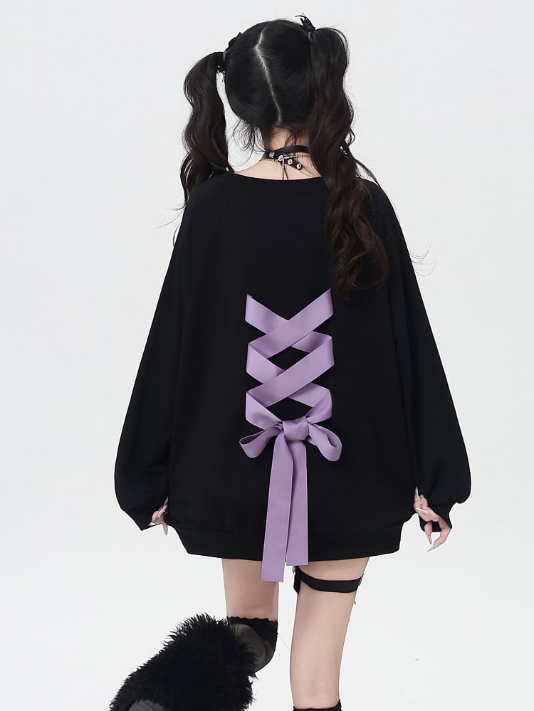 Self-tie Bowknot at Back Pink/Black Round Neck Graphic Sweatshirt