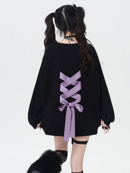 Self-tie Bowknot at Back Pink/Black Round Neck Graphic Sweatshirt