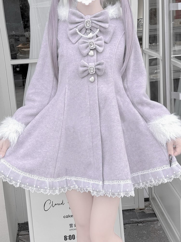 Jirai Kei Dusty Purple Waisted Coat | Detachable Plush Bunny Hood & Bow | Wool Blend