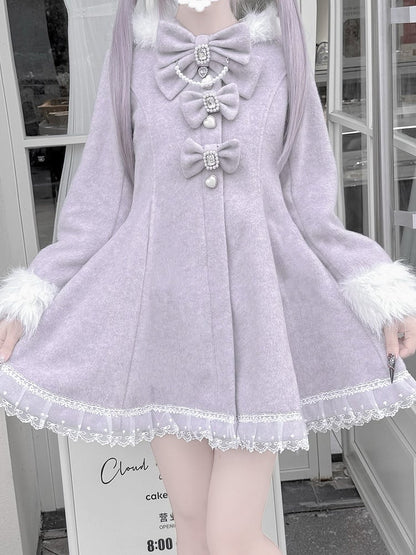 Jirai Kei Dusty Purple Waisted Coat | Detachable Plush Bunny Hood & Bow | Wool Blend