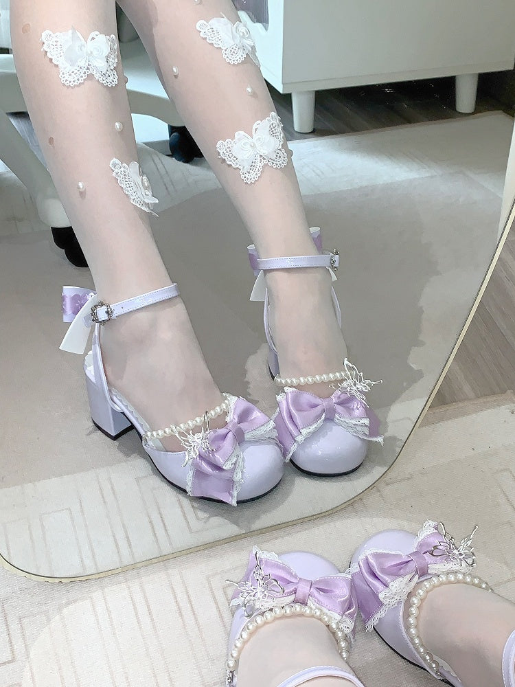 Purple Detachable Bow Accent and Bead Chain Sweet Lolita Mary Janes 6CM Block Heels