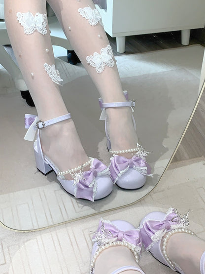 Purple Detachable Bow Accent and Bead Chain Sweet Lolita Mary Janes 6CM Block Heels
