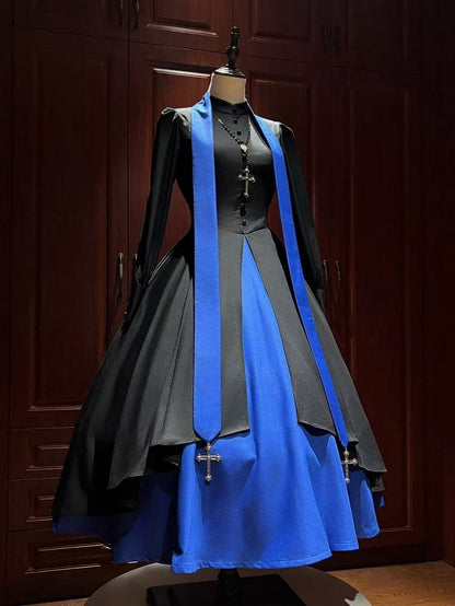Black and Klein Blue Nun Lolita Long Sleeves Dress
